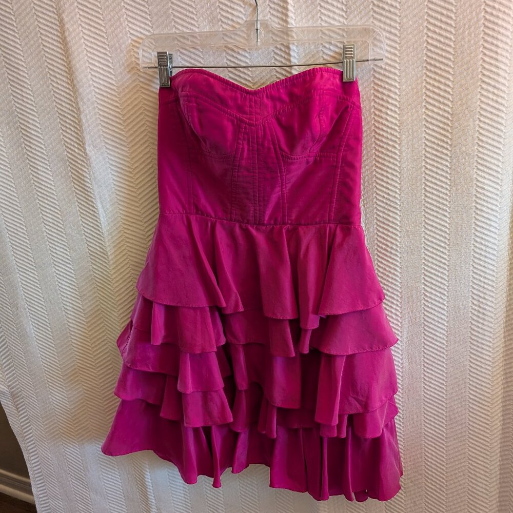Rebecca Taylor 100% Silk Strapless Mini Dress Tiered Skirt Pink Fuschia Size 4